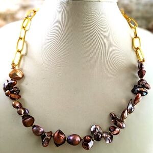 Red Irregular  Keshi Pearls In Classic 18K Gold  Plated Paperclip Necklace  